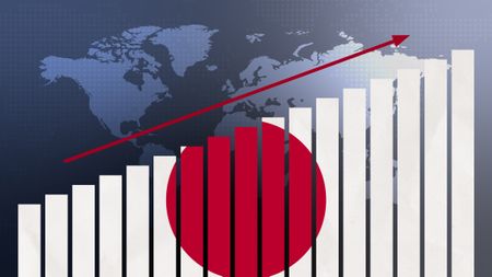 Japan flag on bar chart with red arrow going higher