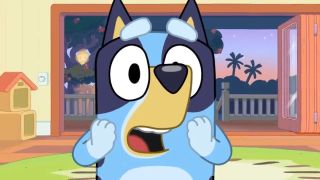 Bluey with a shocked expression.