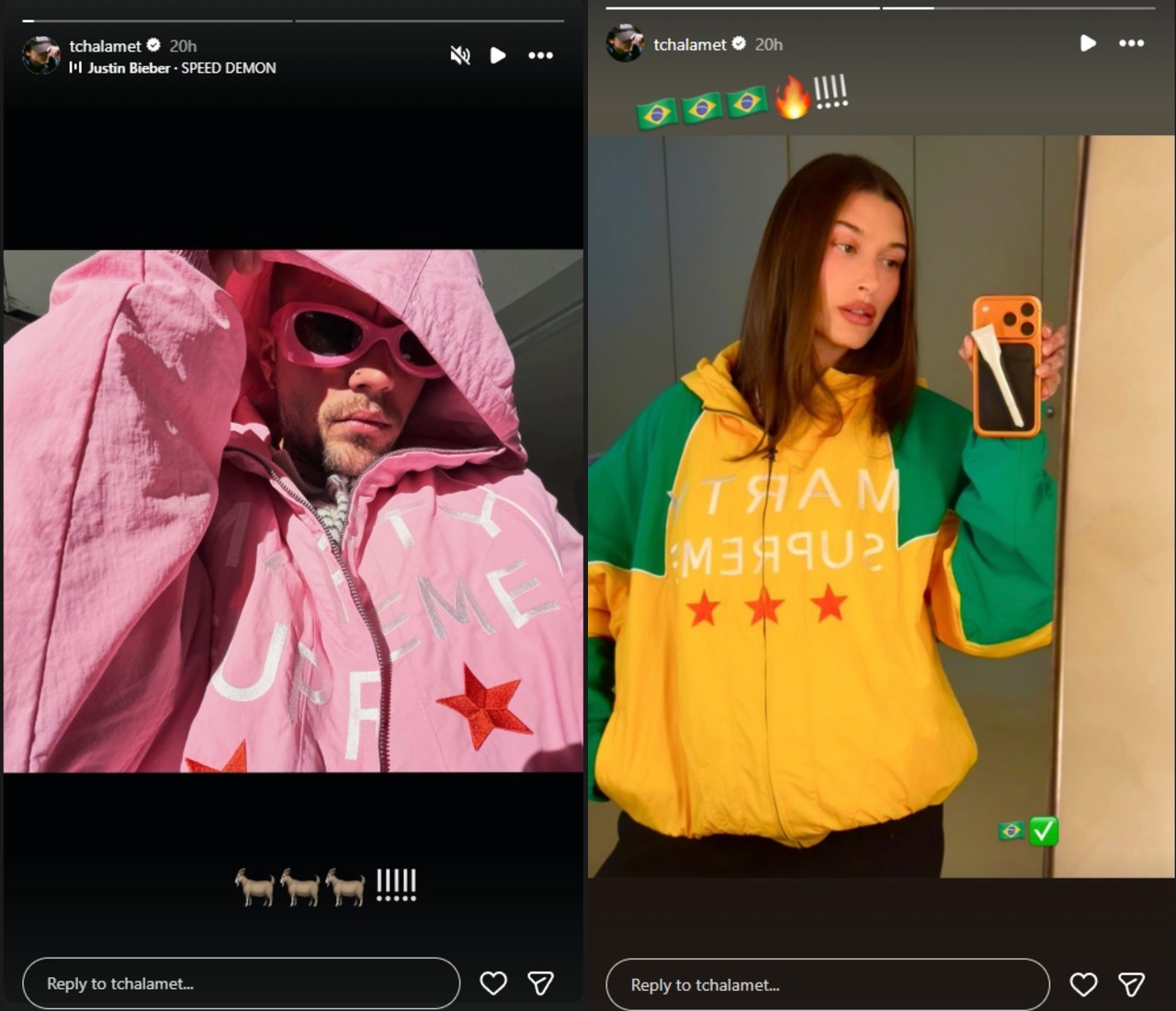 From left to right: An Instagram story of Justin Bieber wearing the pink Marty Supreme jacket and an Instagram story of Hailey Bieber wearing a Marty Supreme jacket that looks like Brazil's flag.