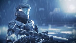 Helldivers 2 X Halo ODST Warbond crossover Helldiver in ODST armor with silenced SMG in storm