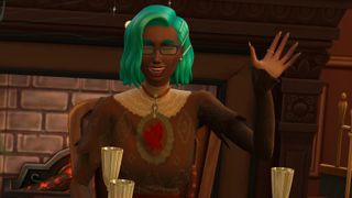 The Sims 4 Adventure Awaits - Waving sim sitting at a dinner table. She has blue hair, is wearing a classy victorian dress with glasses, and is happily smiling at the camera. 