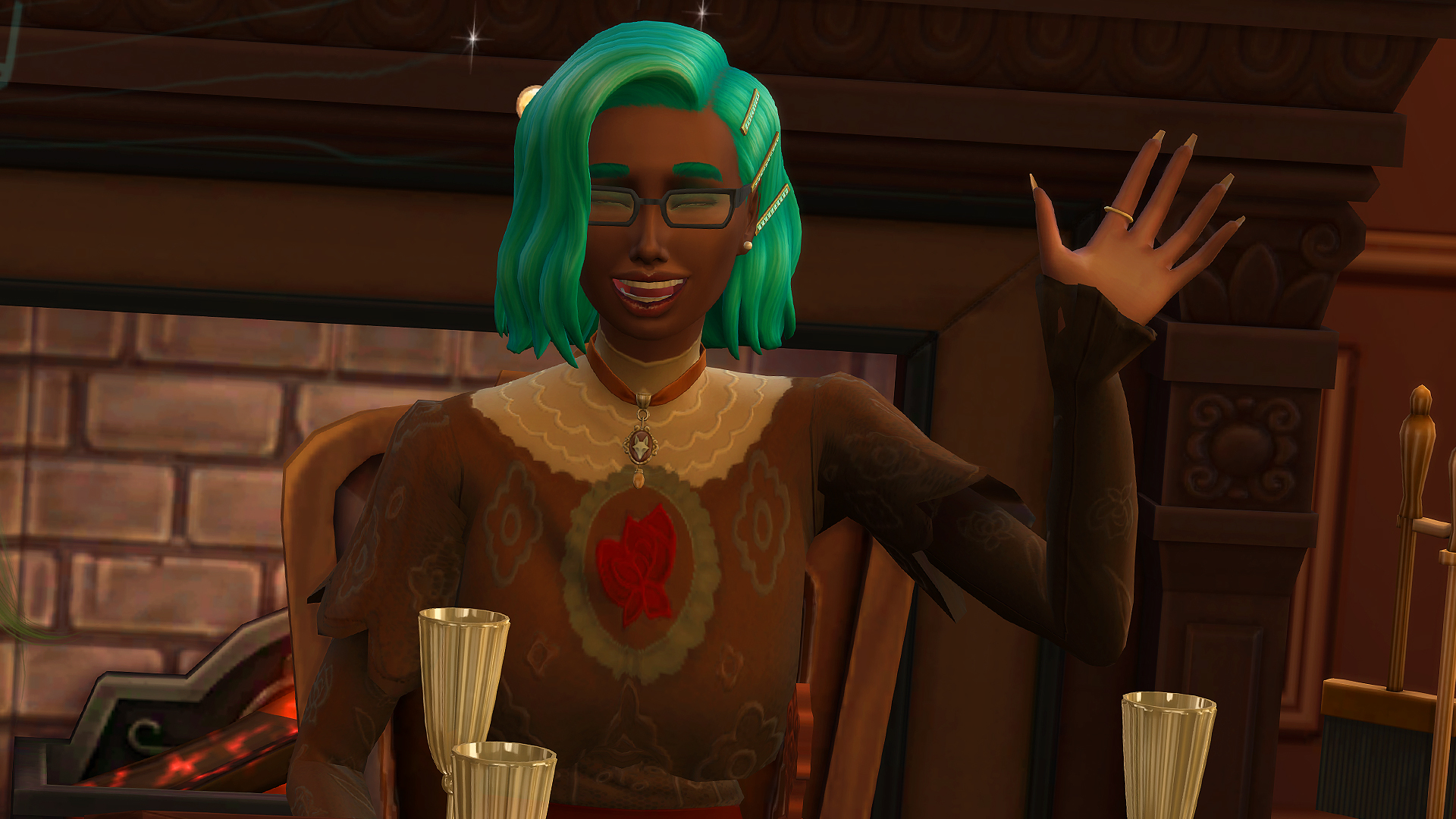 The Sims 4 Adventure Awaits - Waving sim sitting at a dinner table. She has blue hair, is wearing a classy victorian dress with glasses, and is happily smiling at the camera.