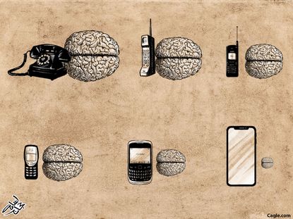 Editorial cartoon technology smart phone evolution brain