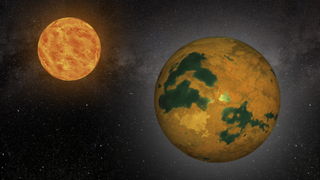 a mottled brown planet orbits a fiery orange star. thousands of stars dot the background