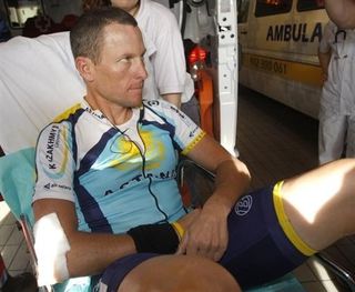 Lance Armstrong (Astana) was not in a good mood after his crash, but is now looking at the brighter sides