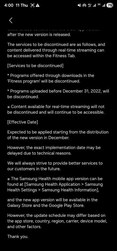 notification in the Samsung Health app about the removal of downloadable content services