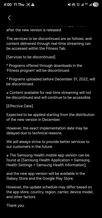 notification in the Samsung Health app about the removal of downloadable content services