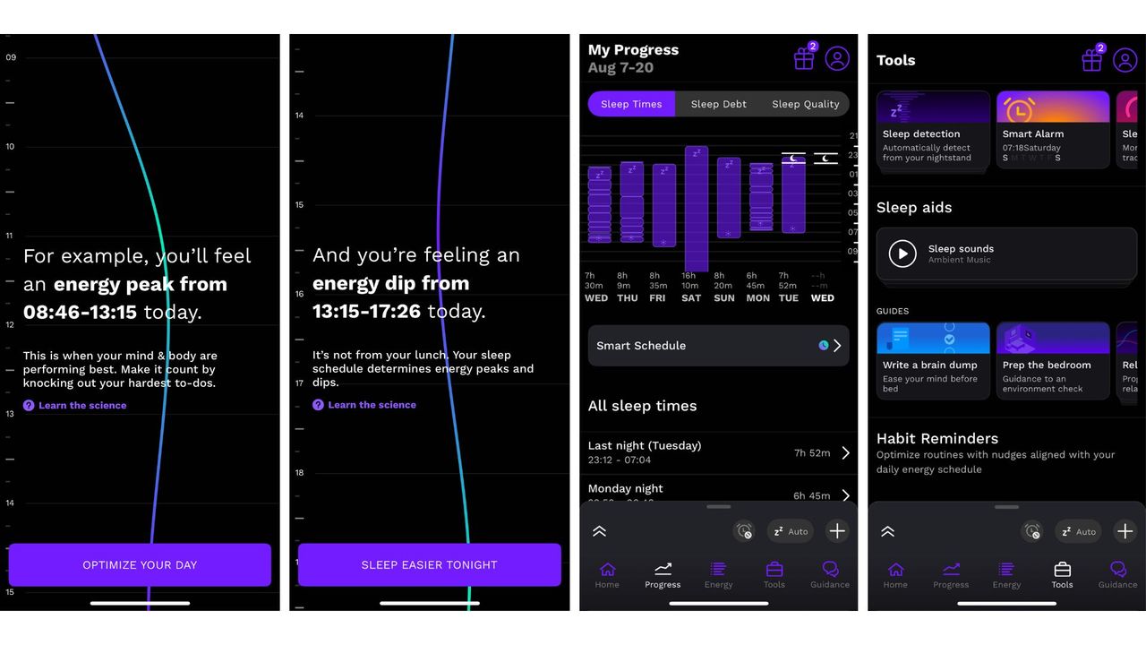 Screenshots from the rise sleep app