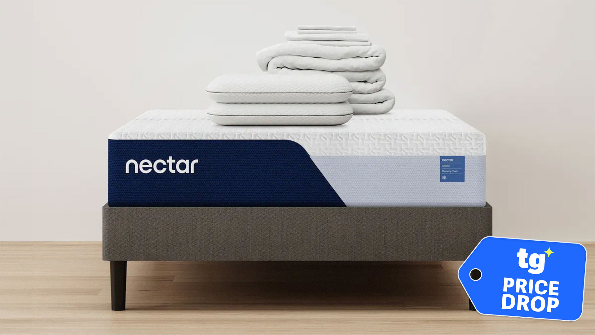The Nectar Foundation Bundle (mattress, foundation, bedding) with a Tom's Guide badge overlaid saying "PRICE DROP"