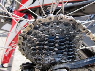 This Bissell rider used a rather standard cassette spread for the run up Vail Pass. Note the SRAM chain on the otherwise Campagnolo drivetrain.