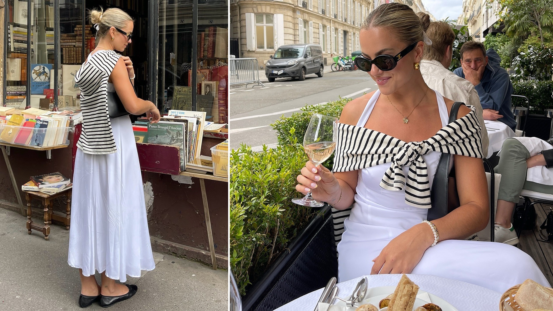 collage of influencer Izzy Dilger hanging out in Paris, France at a book store and cafe wearing a striped T-shirt over her shoulders, a white sleeveless dress, and black ballet flats