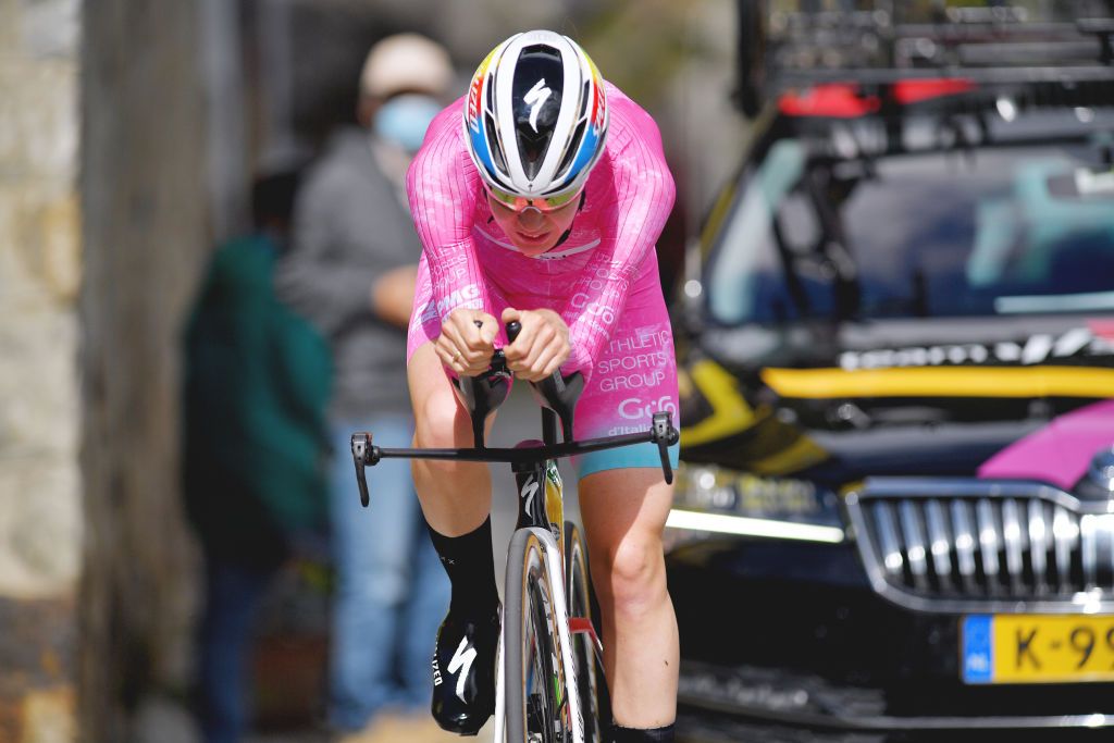 CASCATE DEL TOCE ITALY JULY 05 Anna Van Der Breggen of Netherlands and Team SD Worx Pink Leader Jersey during the 32nd Giro dItalia Internazionale Femminile 2021 Stage 4 a 112km Individual Time Trial from Fondovalle to Cascate Del Toce 1714m ITT GiroDonne UCIWWT on July 05 2021 in Cascate Del Toce Italy Photo by Luc ClaessenGetty Images