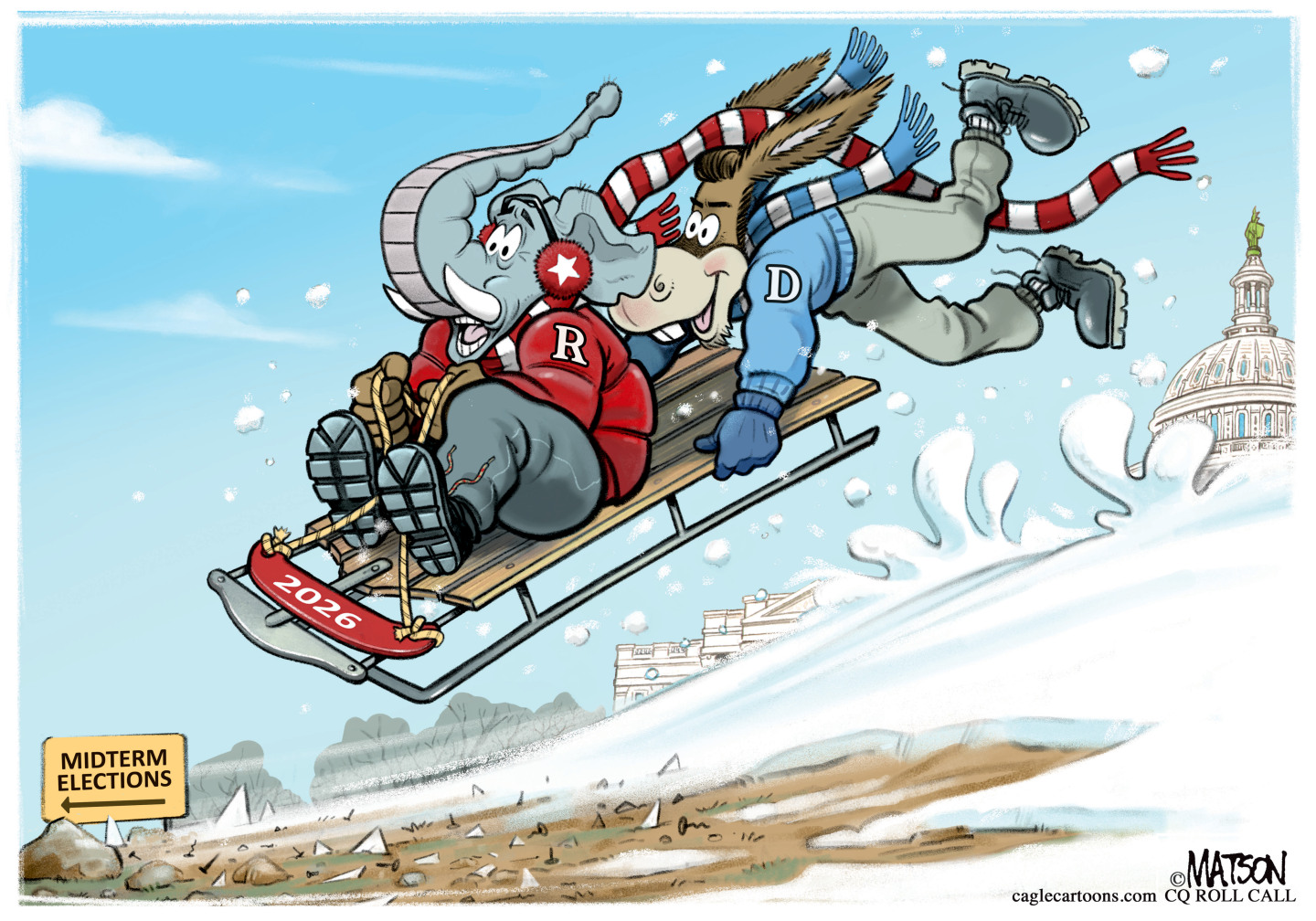 This image shows an elephant and a donkey sledding down a snowy hill in Washington DC. A sign at the bottom points toward the Midterm Elections. The elephant looks scared and the donkey is happy as he pushes the sled faster.