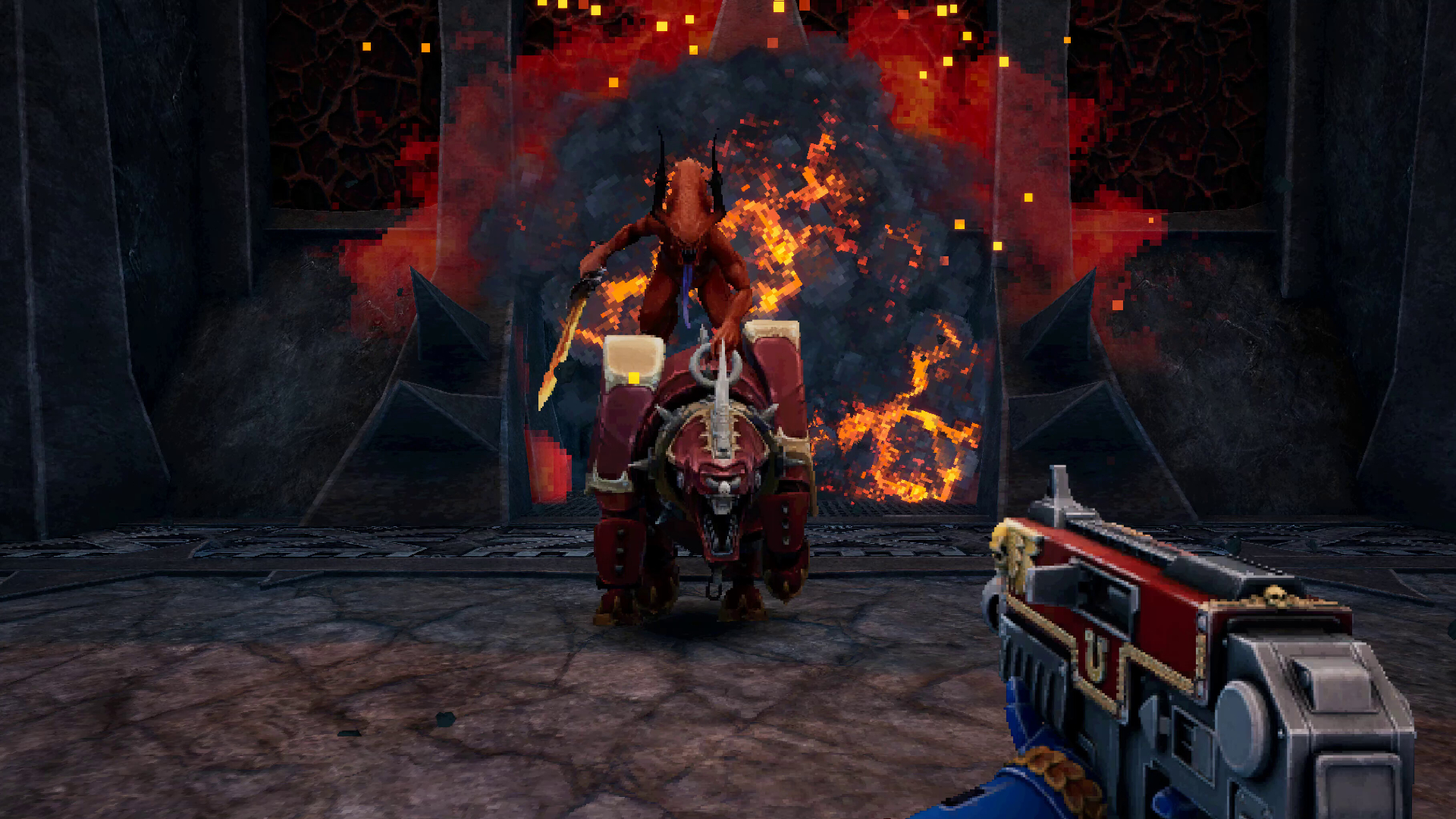 Warhammer 40,000: Boltgun 2 gameplay showing the player, a space marine, pointing their boltgun at a Bloodcrusher of Khorne
