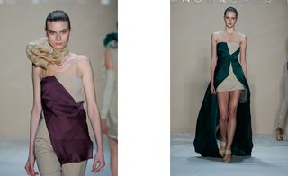 1 Model wore maroon and off white dress, 1 model wore green and off white dress