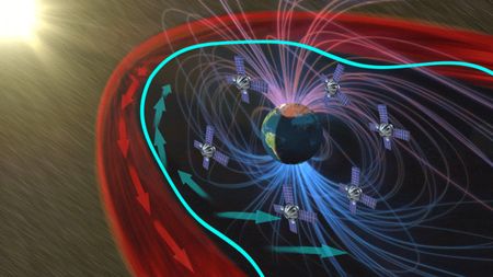 An artist's illustration of the magnetosphere shielding Earth from solar wind with six satellites in a ring around our planet