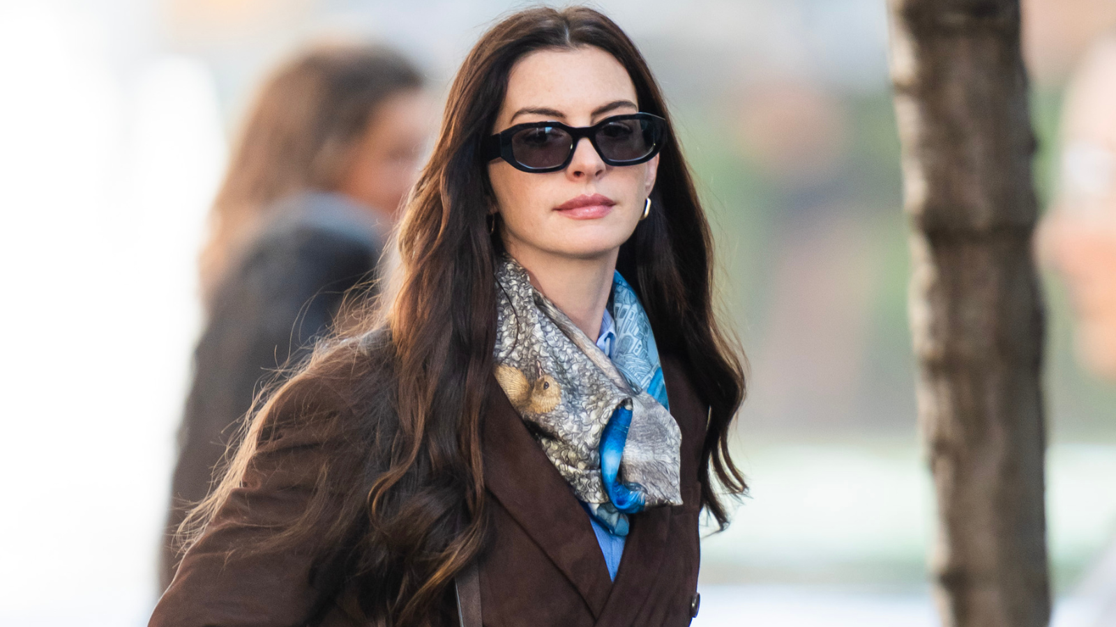 A photo of Anne Hathaway in a brown jacket, scarf and sunglasses