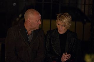 WARNING: Embargoed for publication until 00:00:01 on 12/01/2016 - Programme Name: Eastenders - TX: 19/01/2016 - Episode: 5214 (No. n/a) - Picture Shows: Shirley is upset for Phil. Andrew 'Buster' Briggs (KARL HOWMAN), Shirley Carter (LINDA HENRY) - (C) BBC - Photographer: Jack Barnes