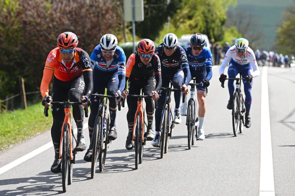 LIEGE BELGIUM APRIL 24 LR Omar Fraile of Spain and Team INEOS Grenadiers Pieter Serry of Belgium and Team Soudal QuickStep Thomas Pidcock of The United Kingdom and Team INEOS Grenadiers Mauri Vansevenant of Belgium and Team Soudal QuickStep Romain Gregoire of France and Team Groupama FDJ and Alan Jousseaume of France and Team TotalEnergies compete in the breakaway during the 110th Liege Bastogne Liege 2024 Mens Elite a 2545km one day race from Liege to UCIWT on April 24 2024 in Liege Belgium Photo by Dario BelingheriGetty Images