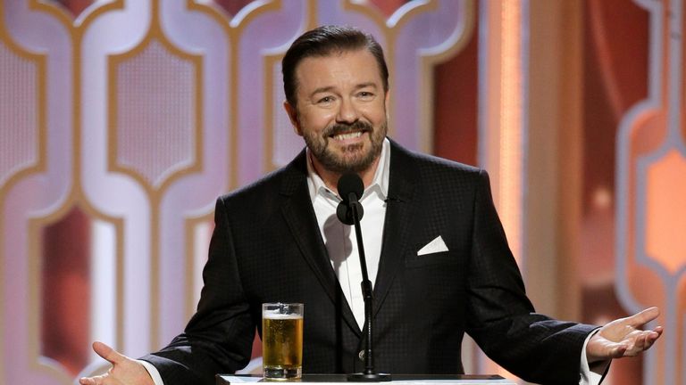BEVERLY HILLS, CA - JANUARY 10: In this handout photo provided by NBCUniversal, Host Ricky Gervais speaks onstage during the 73rd Annual Golden Globe Awards at The Beverly Hilton Hotel on January 10, 2016 in Beverly Hills, California.