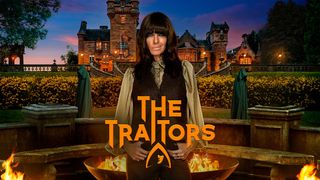 Host Claudia Winkleman poses in front of a Scottish castle and stone fire pits, with two mysterious green-cloaked figures in the background.