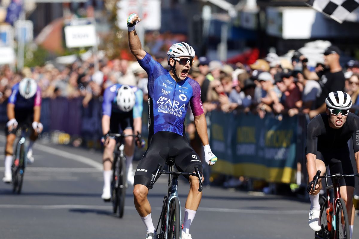 Blake Agnoletto (ARA Skip Capital) celebrates with a roar after he claims the U23 men&#039;s criterium title at the Australian Road National Championships in 2024