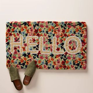 hello doormat with colorful flowers