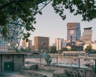 wood up wood architecture timber tower gridded facade, blocky construction in paris landscape