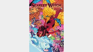 Scarlet Witch upside down on a colorful backdrop.