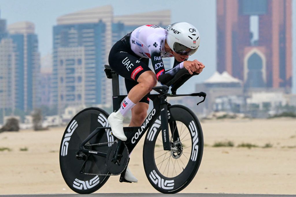 UAE Team Emirates' Slovenian rider Tadej Pogacar cycles during the second stage of the UAE Tour cycling race in al-Hudayriyat island in Abu Dhabi on February 18, 2025. (Photo by Giuseppe CACACE / AFP)