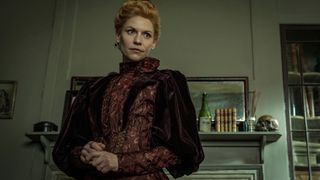 Claire Danes in a dark red Victorian dress as Cora Seaborne in The Essex Serpent
