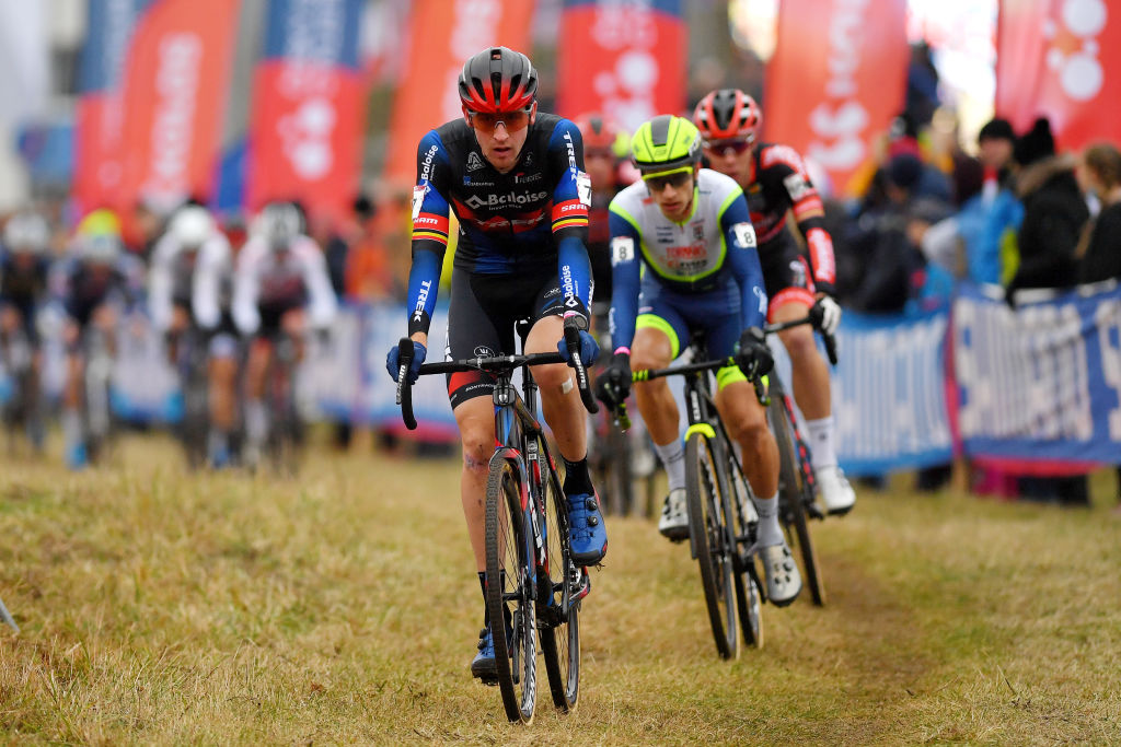 TABOR CZECH REPUBLIC NOVEMBER 14 Toon Aerts of Belgium and Team Baloise Trek Lions competes ahead of Quinten Hermans of Belgium and TormansCircus Cyclo Cross Team during the 25th Tabor UCI CycloCross Worldcup 2021 Mens Elite CXWorldCup on November 14 2021 in Tabor Czech Republic Photo by Luc ClaessenGetty Images