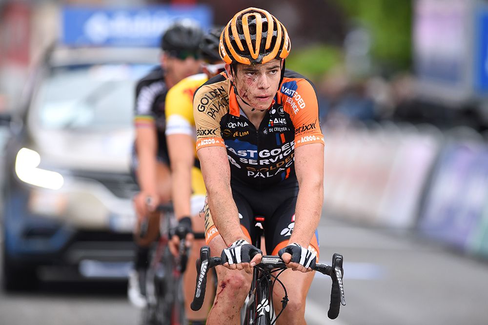 Wout Van Aert (Vastgoedservice - Golden Palace Continental Team) showing the effects of a crash
