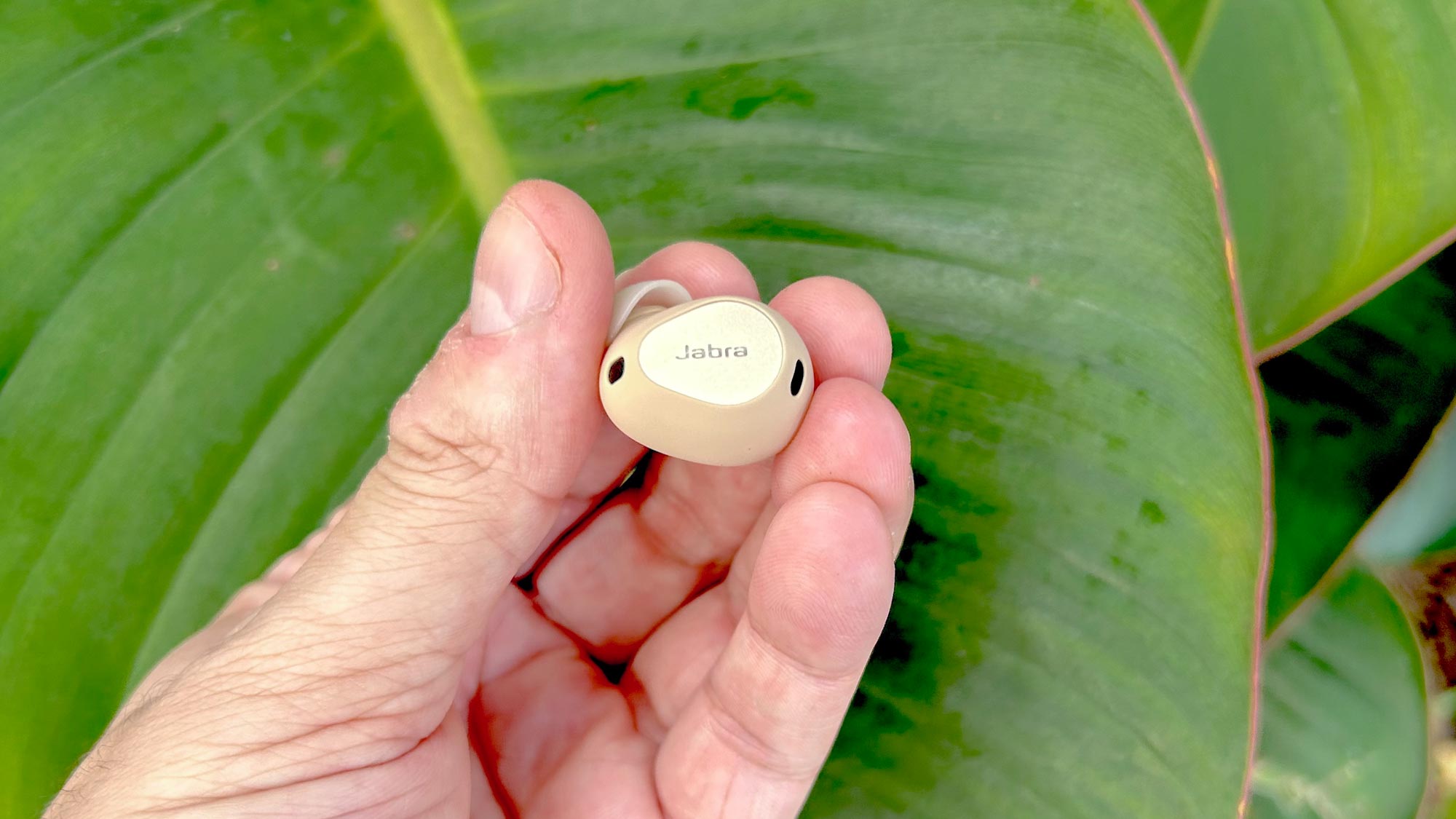 Jabra Elite 10 showing single bud between finger tips against tropical vegetation background