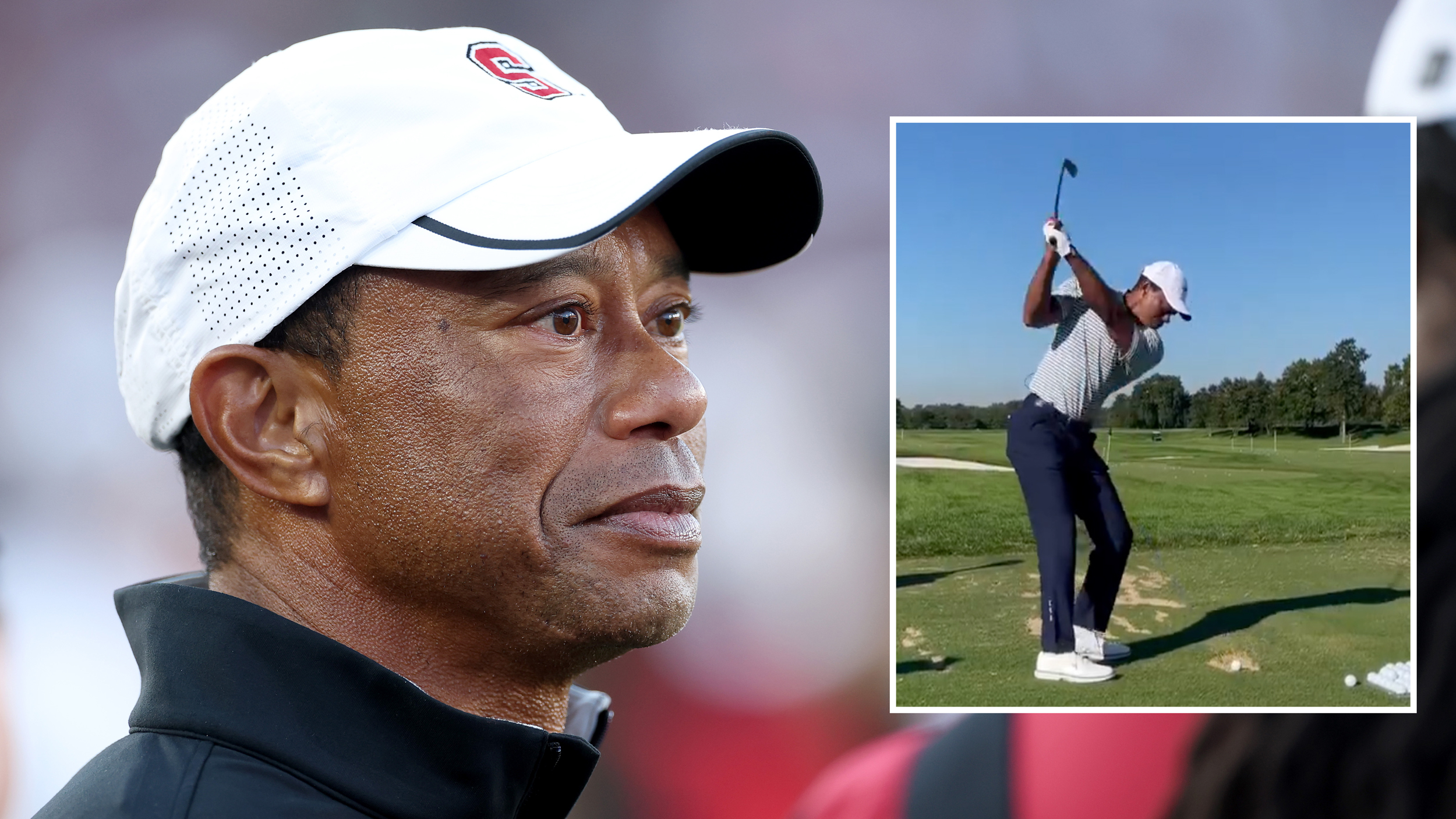 Tiger Woods at a Stanford Cardinal game in September (L) and swinging a club at the 2026 Nexus Cup (R).