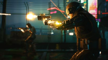 Cyberpunk 2077 screen with two cops firing from right to left