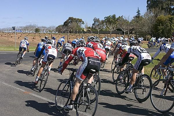 The peloton corner in Merbein South on the penultimate stage of the Tour.