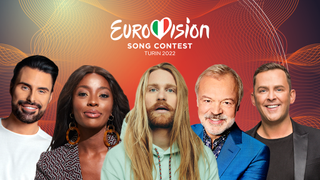 Eurovision 2022 key art featuring Rylan Clark, AJ Odudu, UK entry Sam Ryder, Graham Norton, Scott Mills (L-R).
