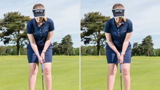 PGA pro Jo Taylor demonstrating how the left hand low putting grip helps to square the shoulders