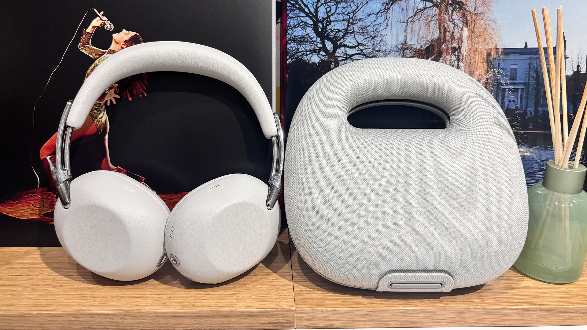 Sony 1000X The Collexion wireless headphones on busy bookcase next to carry case