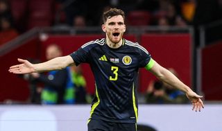 Scotland Euro 2024 squad Scotland's Andy Robertson looks dejected during an international friendly match between the Netherlands and Scotland at the Johan Cruyff Arena, on March 22, 2024, in Amsterdam, Netherlands. (Photo by Craig Williamson/SNS Group via Getty Images)