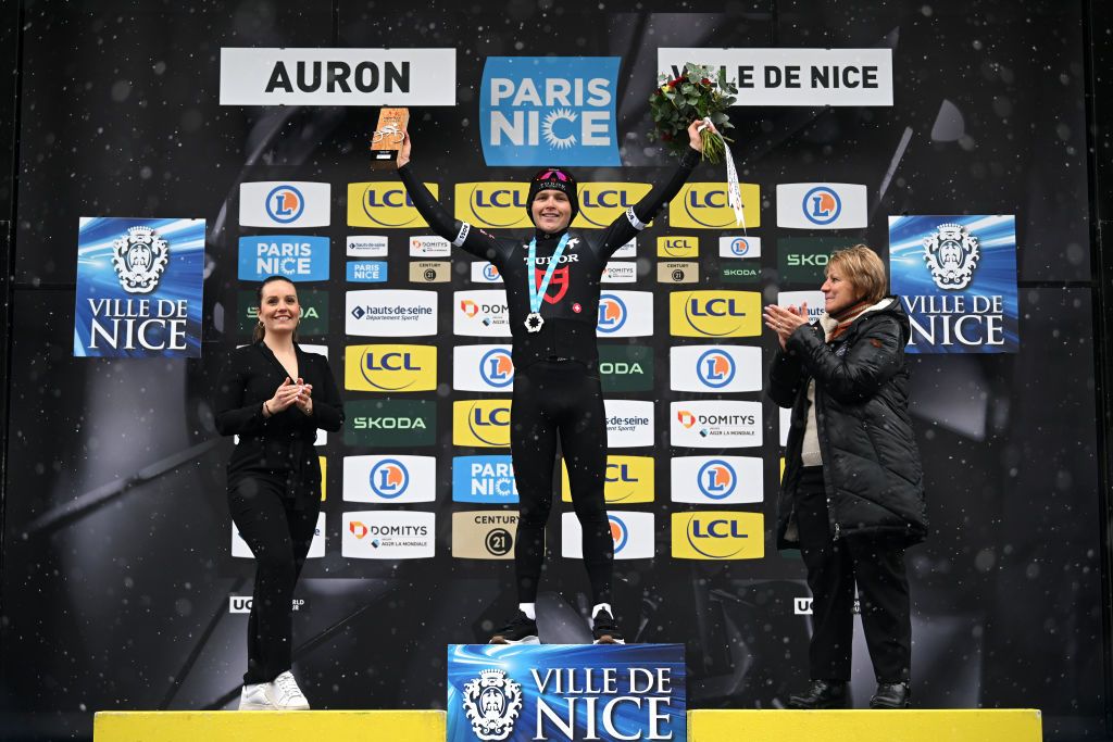 AURON FRANCE MARCH 15 Michael Storer of Australia and Tudor Pro Cycling Team celebrates at podium as stage winner during the 83rd Paris Nice 2025 Stage 7 a 1093km stage from Nice to Auron 1603m UCIWT on March 15 2025 in Auron France Photo by Dario BelingheriGetty Images