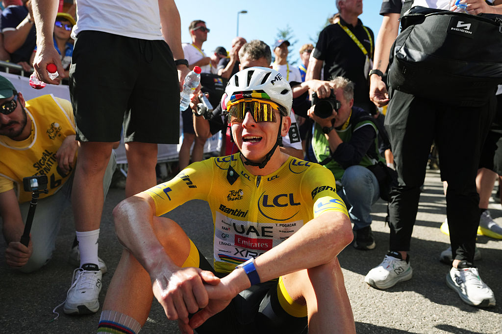 ALPE D&amp;amp;apos;HUEZ, FRANCE - JULY 24: Stage winner Tadej Pogacar of Slovenia and UAE Team Emirates - XRG - Yellow Leader Jersey reacts after the 113th Tour de France 2026, Stage 19 a 127.9km stage from Gap to Alpe d&amp;amp;apos;Huez 1835m / #UCIWT / on July 24, 2026 in Alpe d&amp;amp;apos;Huez, France. (Photo by Thibault Camus - Pool/Getty Images)