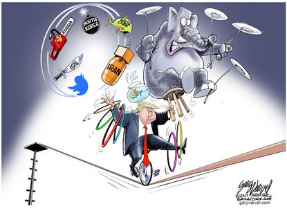 Political Cartoon U.S. President Trump juggles Russia North Korea Iran GOP Health Care Twitter ISIS