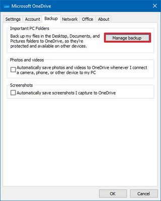 OneDrive manage backup settings