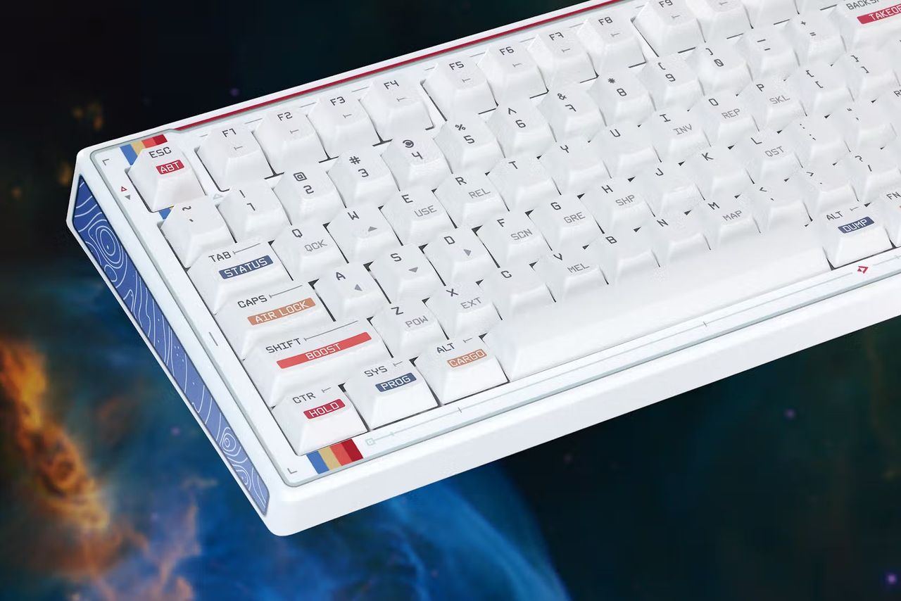 Shots of the keyboard, keys, cable, and deskmat included in the Drop x Starfield collab