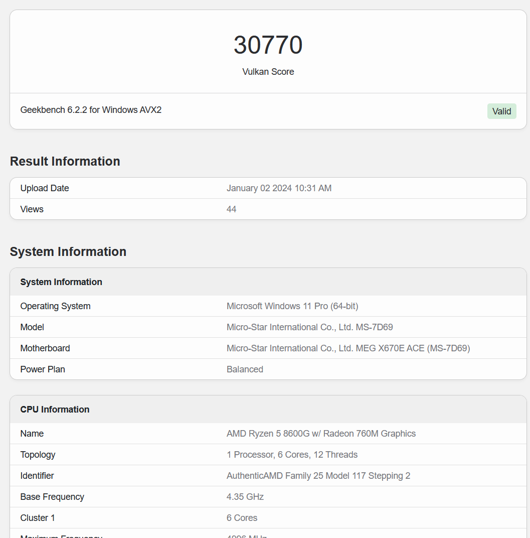 Ryzen 5 8600G Geekbench 6 Benchmarks/Specs