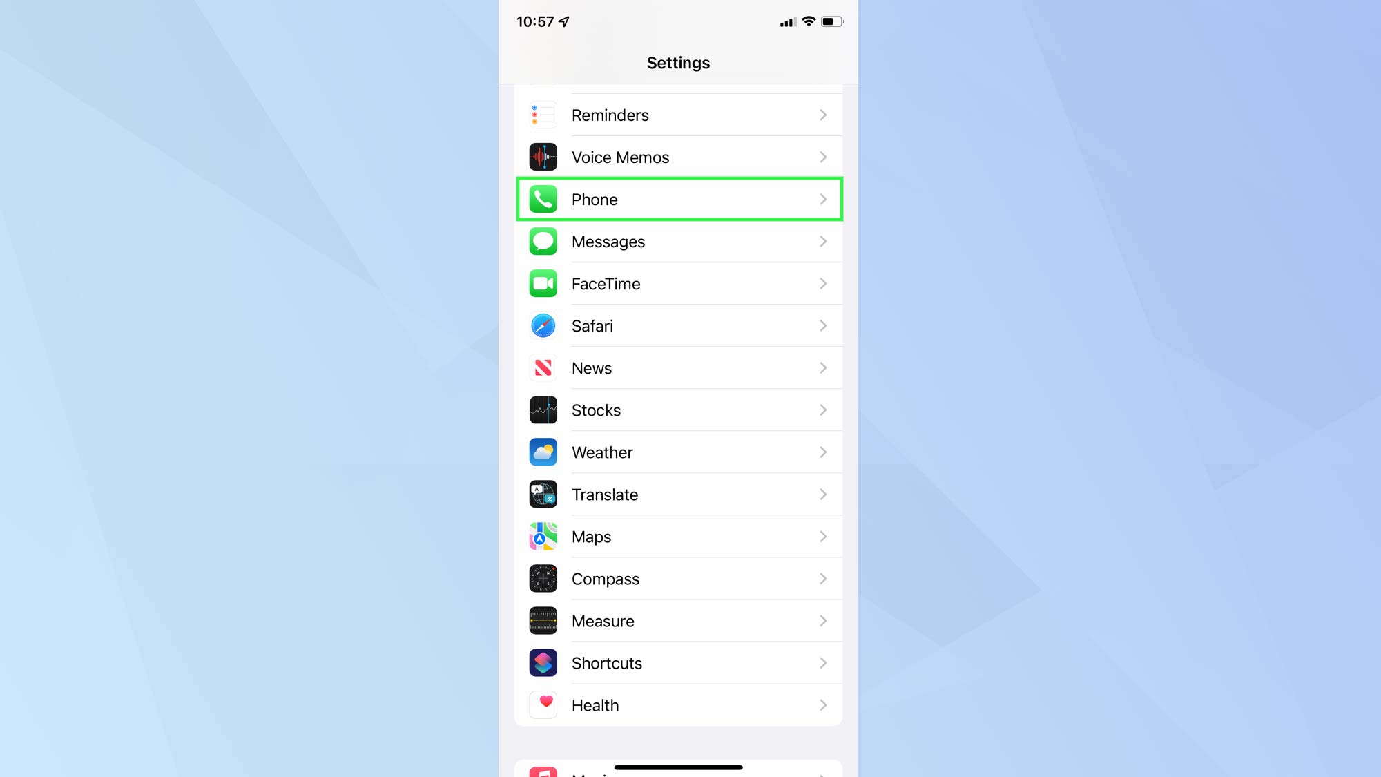 Screenshot showing iOS 15 Settings app with "phone highlighted"
