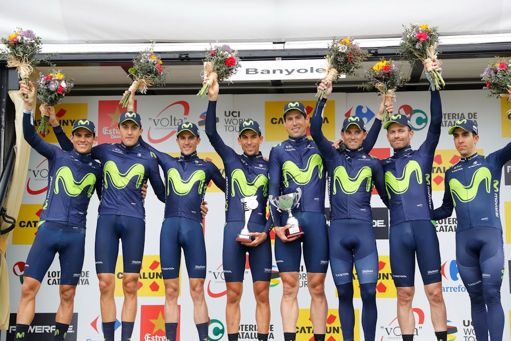 Movistar on the podium after winning stage 2 at Volta a Catalunya