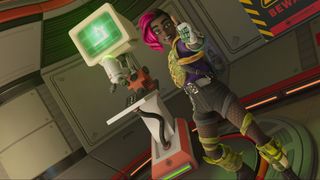 A character in Grounded 2 standing in front of the Analysis console and giving the thumbs up emote.